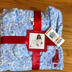 NWT Charter Club Light Blue Swirl Flannel Pajama Set with White Pattern